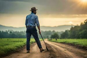 man walking on dirt road with shovel. AI-Generated photo