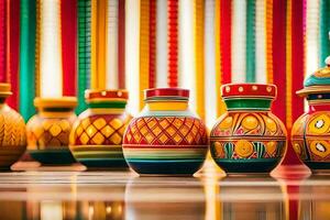 colorful vases on a table with colorful stripes. AI-Generated photo