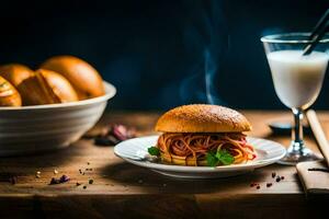 a hamburger with spaghetti on a plate next to a glass of milk. AI-Generated photo