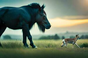 un negro caballo y un ciervo caminar en un campo. generado por ai foto