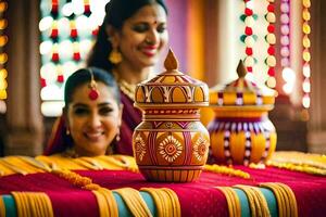 two women in traditional indian attire are sitting on a table with colorful decorations. AI-Generated photo