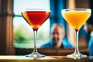 two glasses of cocktails on a bar. AI-Generated photo