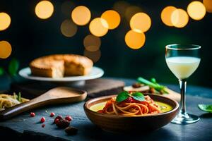 spaghetti with tomato sauce and cheese on a wooden table with bokeh lights. AI-Generated photo