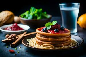 a stack of pancakes with berries and berries. AI-Generated photo