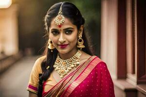 a beautiful indian woman wearing a traditional sari. AI-Generated photo