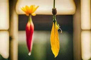 two colorful flowers hanging from a window. AI-Generated photo