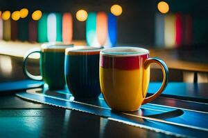 three colorful coffee cups sit on a table. AI-Generated photo