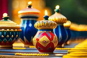 many colorful vases with candles on them. AI-Generated photo