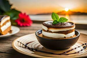 dos postres en un de madera mesa con un puesta de sol en el antecedentes. generado por ai foto