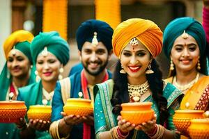indian women in colorful turbans holding bowls. AI-Generated photo