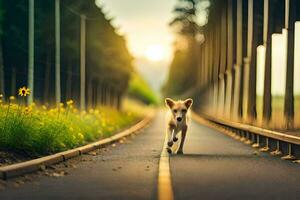 a dog walking down a road with the sun setting behind it. AI-Generated photo