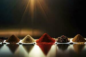spices in a row on a black background. AI-Generated photo