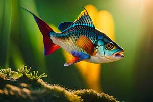 a fish with bright colors is flying over a green background. AI-Generated photo