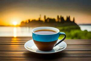 a cup of coffee on a wooden table with a beautiful view of the lake. AI-Generated photo