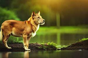 a dog standing on the edge of a lake. AI-Generated photo