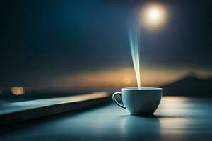 a cup of coffee on a table with a moon in the background. AI-Generated photo