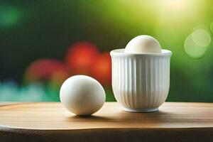 two eggs sit in a cup on a table. AI-Generated photo