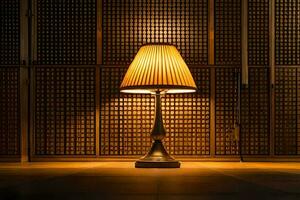 a lamp is sitting on a table in front of a wall. AI-Generated photo