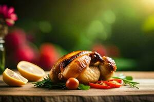 a chicken on a wooden table with tomatoes and lemon. AI-Generated photo