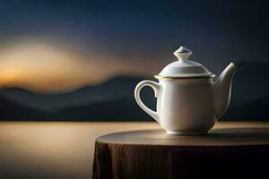 a teapot on a wooden table with a sunset in the background. AI-Generated photo