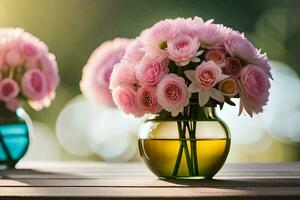 pink flowers in vases on a table. AI-Generated photo