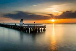 a long exposure photograph of a lighthouse on a pier. AI-Generated photo
