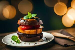 a chocolate cake with fruit and mint on a plate. AI-Generated photo