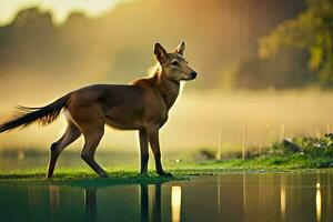 un ciervo soportes en el agua a amanecer. generado por ai foto