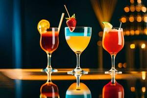 three different cocktails are lined up on a table. AI-Generated photo