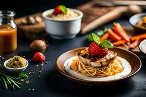 a plate of food with pasta, vegetables and spices. AI-Generated photo