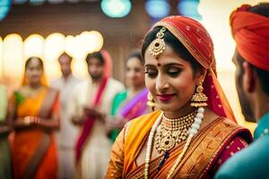 a bride in traditional indian attire is looking at her groom. AI-Generated photo