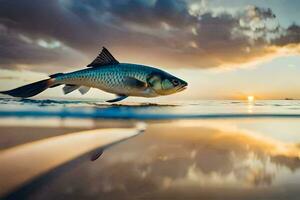 un pescado es nadando en el Oceano a puesta de sol. generado por ai foto