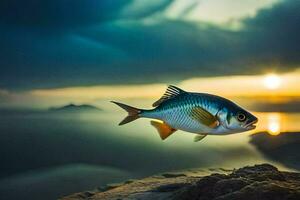 a fish is flying over the ocean at sunset. AI-Generated photo