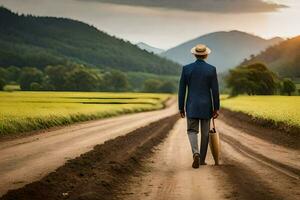 a man in a suit walks down a dirt road with a suitcase. AI-Generated photo