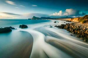 a long exposure photograph of waves crashing on the beach. AI-Generated photo