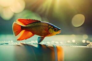 a fish is standing on the water with a sun in the background. AI-Generated photo