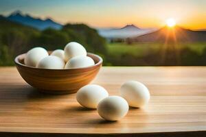 eggs in a bowl on a table with mountains in the background. AI-Generated photo