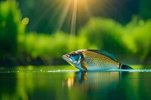 a fish is floating on the water with the sun shining. AI-Generated photo