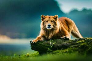 a lion is sitting on a log in the grass. AI-Generated photo