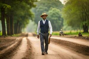 a man in a suit and hat walking down a dirt road. AI-Generated photo