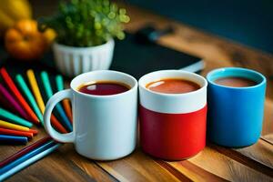 Tres café tazas con diferente colores en un mesa. generado por ai foto