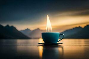un taza de café en un mesa con un fuego en el medio. generado por ai foto
