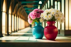 two vases with flowers in them are sitting on a table. AI-Generated photo