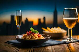 spaghetti and a glass of champagne on a table in front of a cityscape. AI-Generated photo