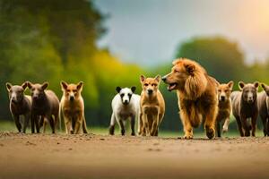 a lion is walking in front of a group of dogs. AI-Generated photo