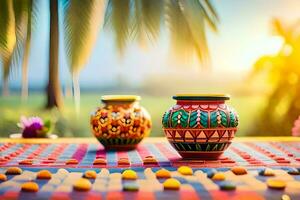 two colorful vases on a table with palm trees. AI-Generated photo