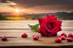 red rose on a wooden table with sun setting behind. AI-Generated photo