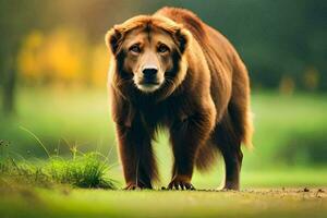 a brown bear walking on a grassy field. AI-Generated photo