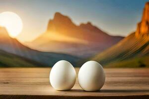 two eggs on a table in front of mountains. AI-Generated photo