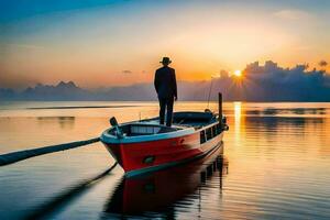 un hombre en pie en un barco en el agua a puesta de sol. generado por ai foto